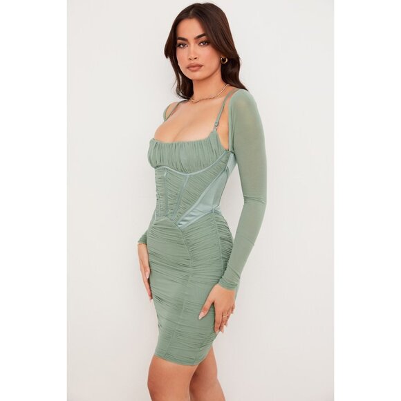 House of CB Freyja Gathered Corset Dress Size M Sage Green Mesh & Satin - Picture 6 of 15